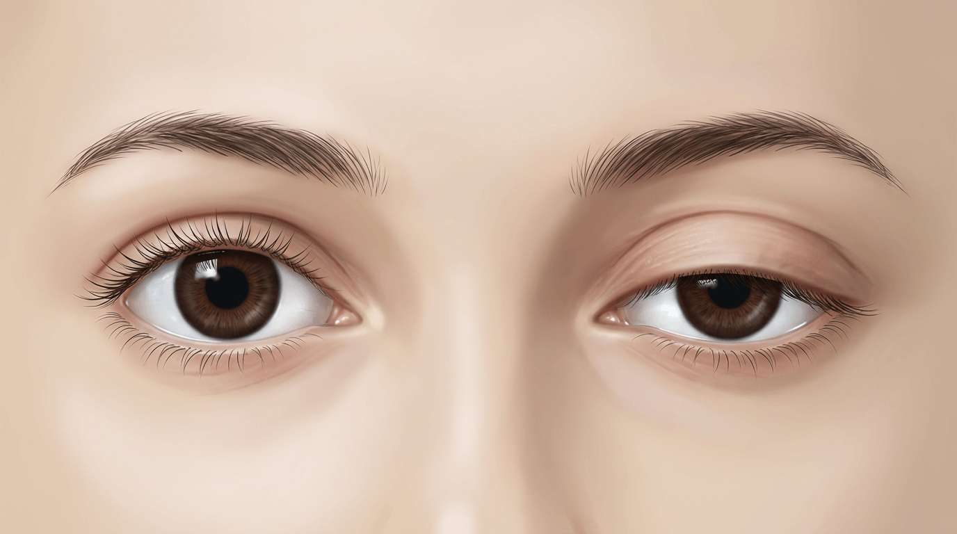 Illustration médicale du ptosis palpébral montrant une paupière supérieure tombante
